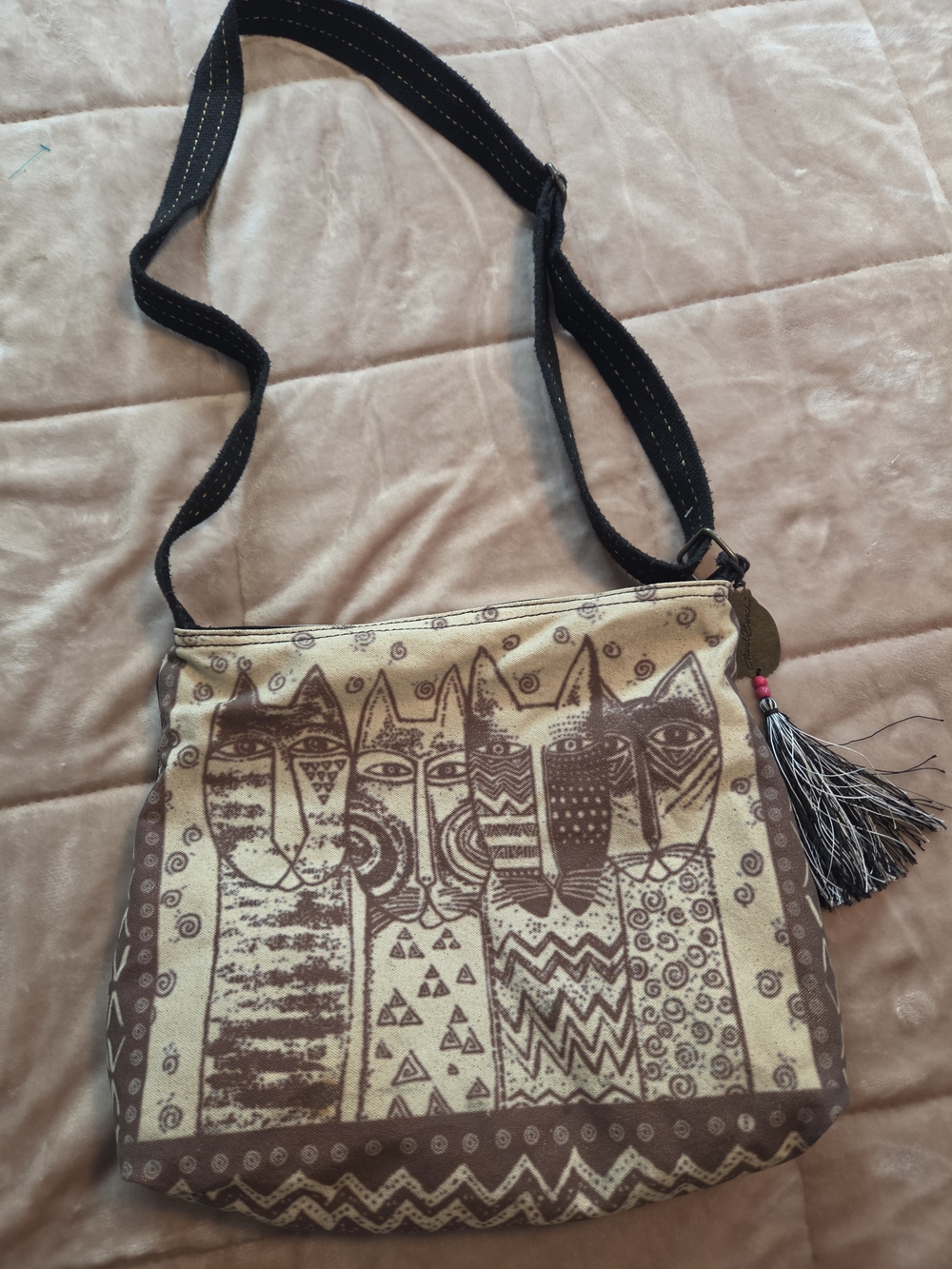 Laurel Burch Beige and Brown Cat-Print Crossbody Bag with Tassel